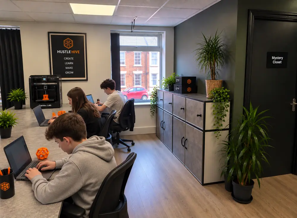 Students working on laptops beside a 3D printer at Hustle Hive