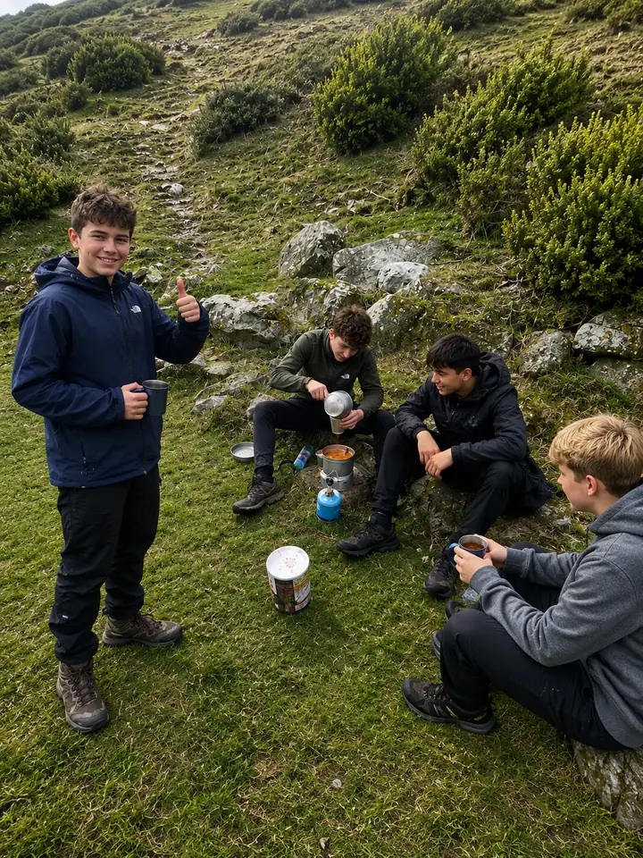 Students cooking on a camping stove on a hillside